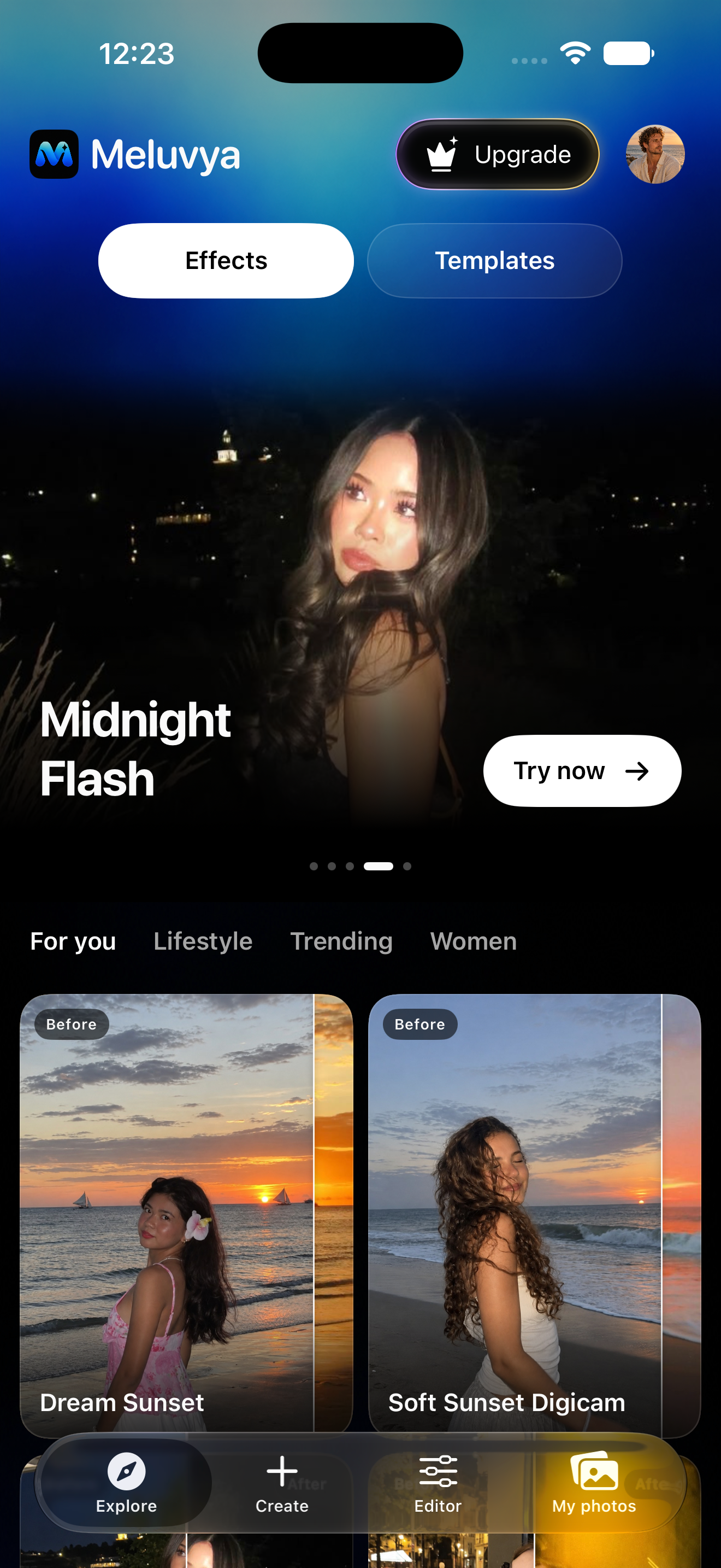 Meluvya Explore screen showing Effects and Templates, the Midnight Flash look, and portrait effects