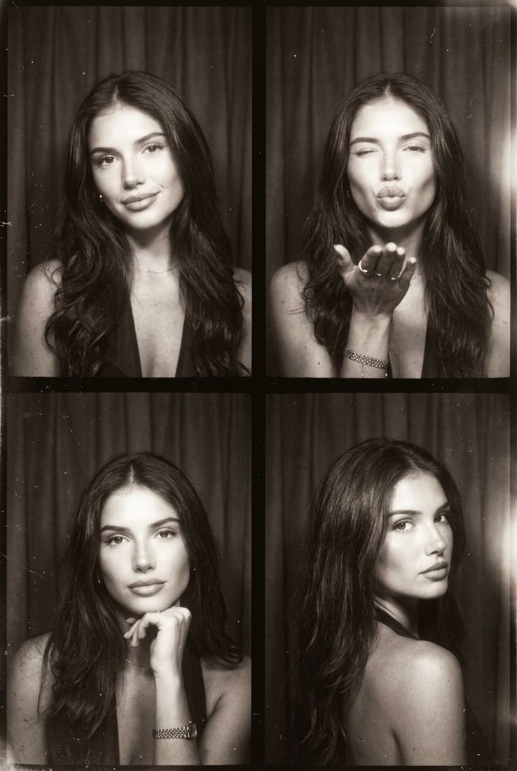 A black-and-white photobooth strip with playful portrait poses